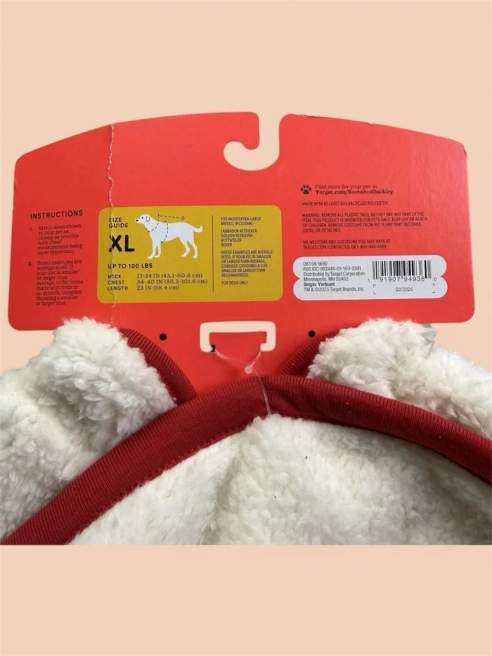 Boots & Barkley Dog White Sherpa Vest with Red Trim. Sz XL